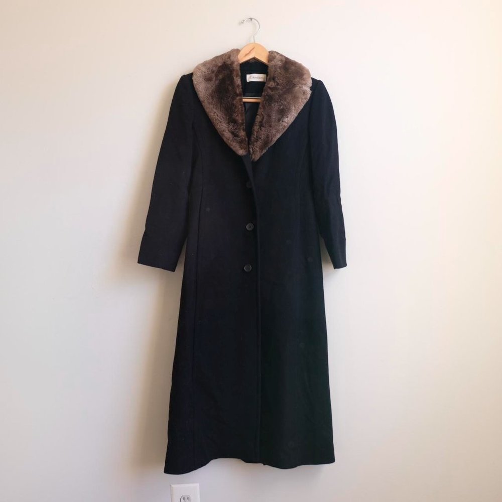 Vintage Calvin Klein long black wool coat with brown faux fur size XS
